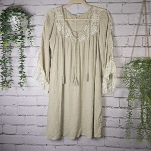 Umgee Soft Khaki Dress Bell Sleeve With Lace Detail MINI LENGTH Size Small